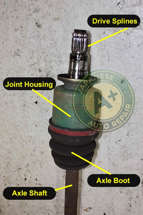 Image shows C/V axle drive splines, joint housing, axle boot, and axle shaft - A+ Japanese Auto Repair Inc.